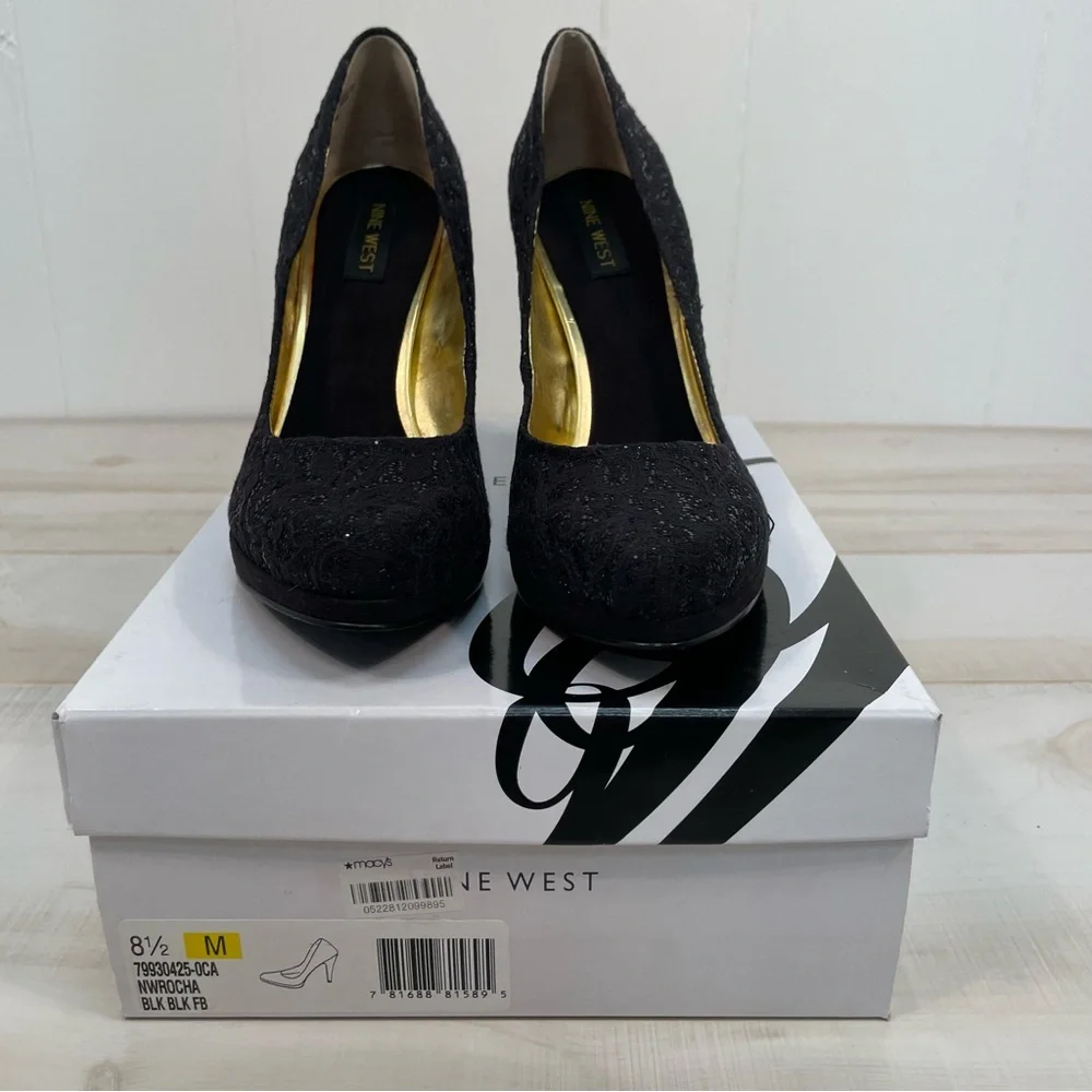 NIB Nine West Rocha Black On Black Platform Heels Sz 8.5 - Picture 7 of 11
